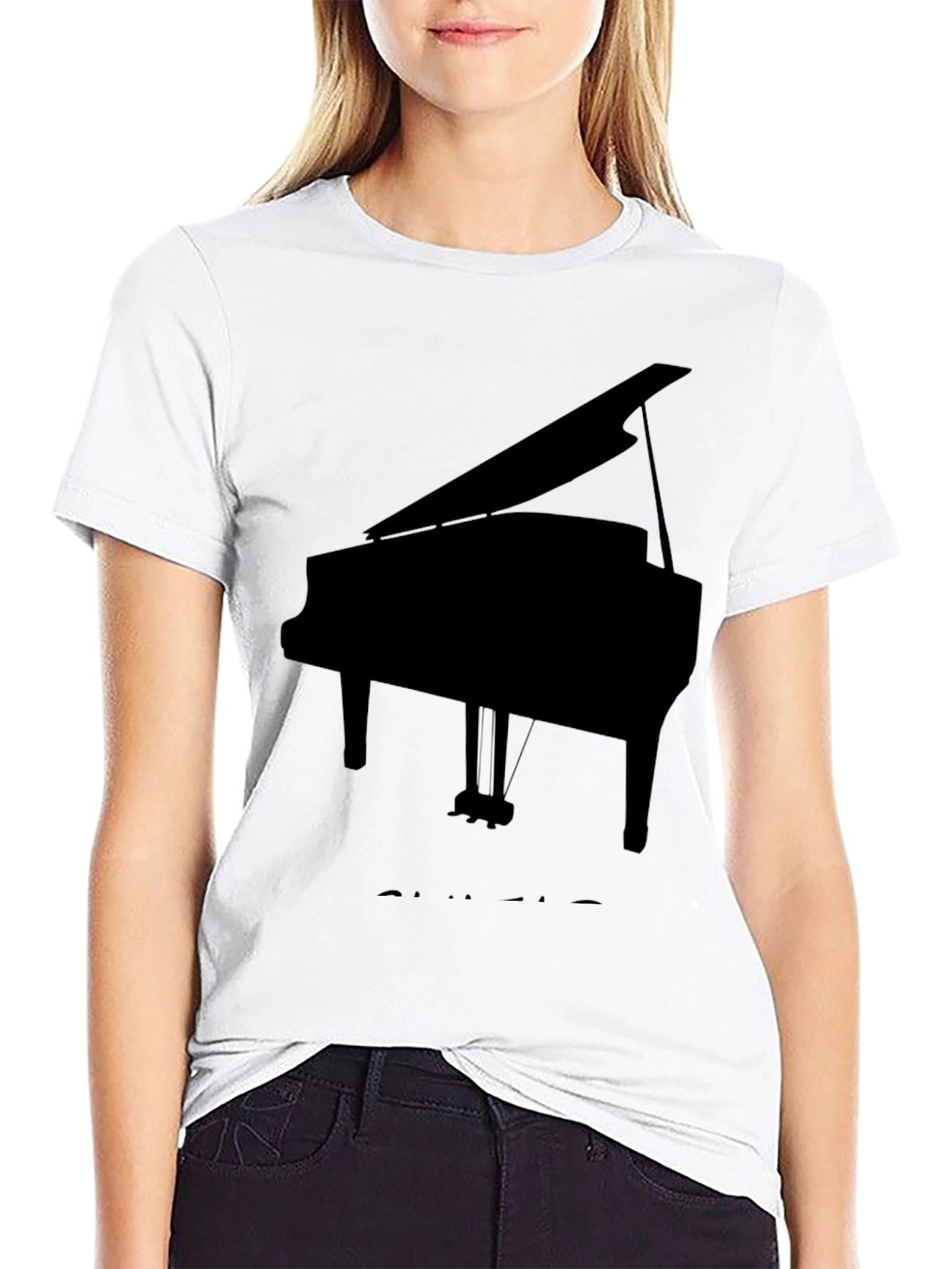 Camiseta Negra con Diseño de Piano de Cola
