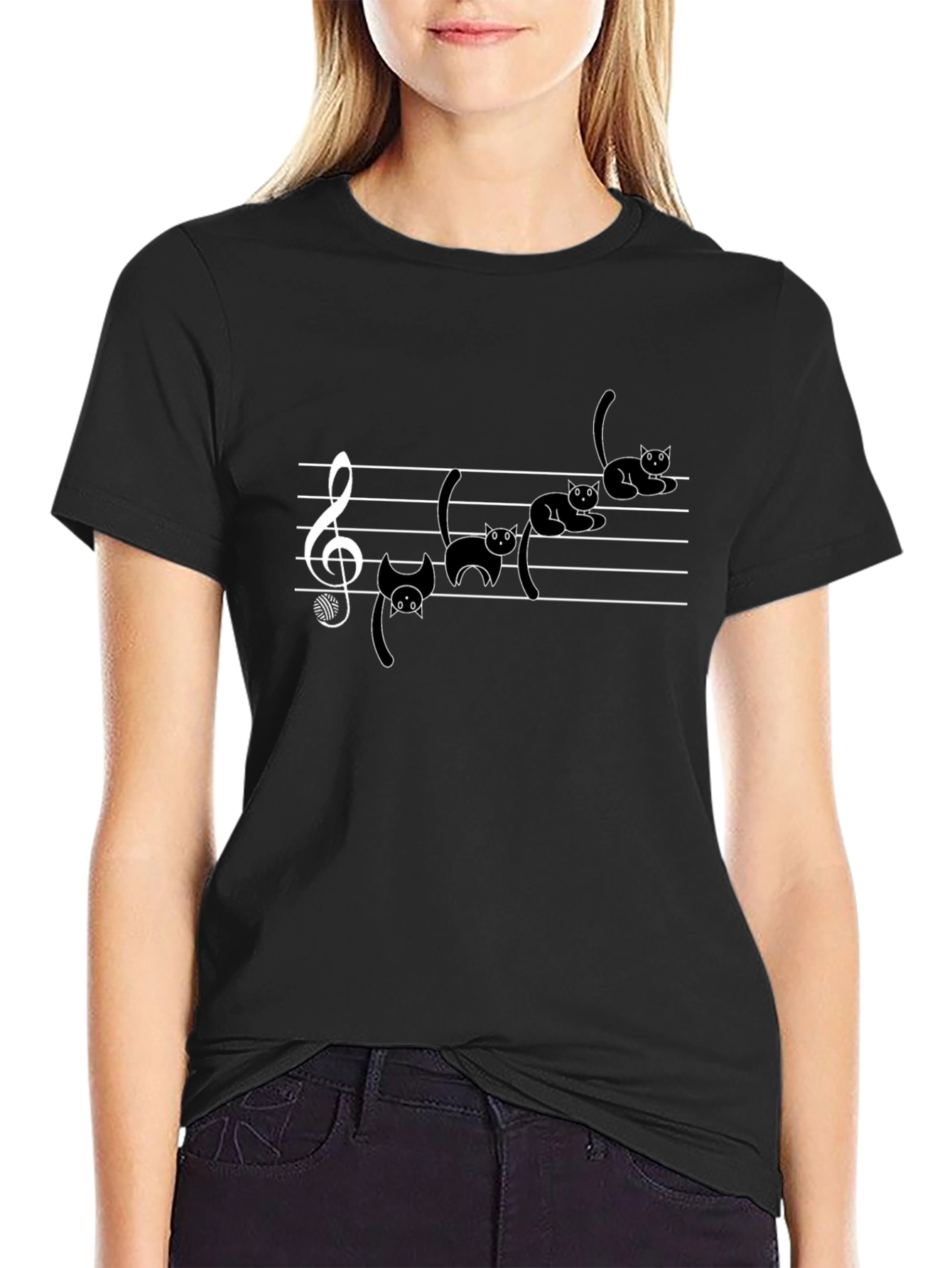 Camiseta Negra con Gatos Musicales