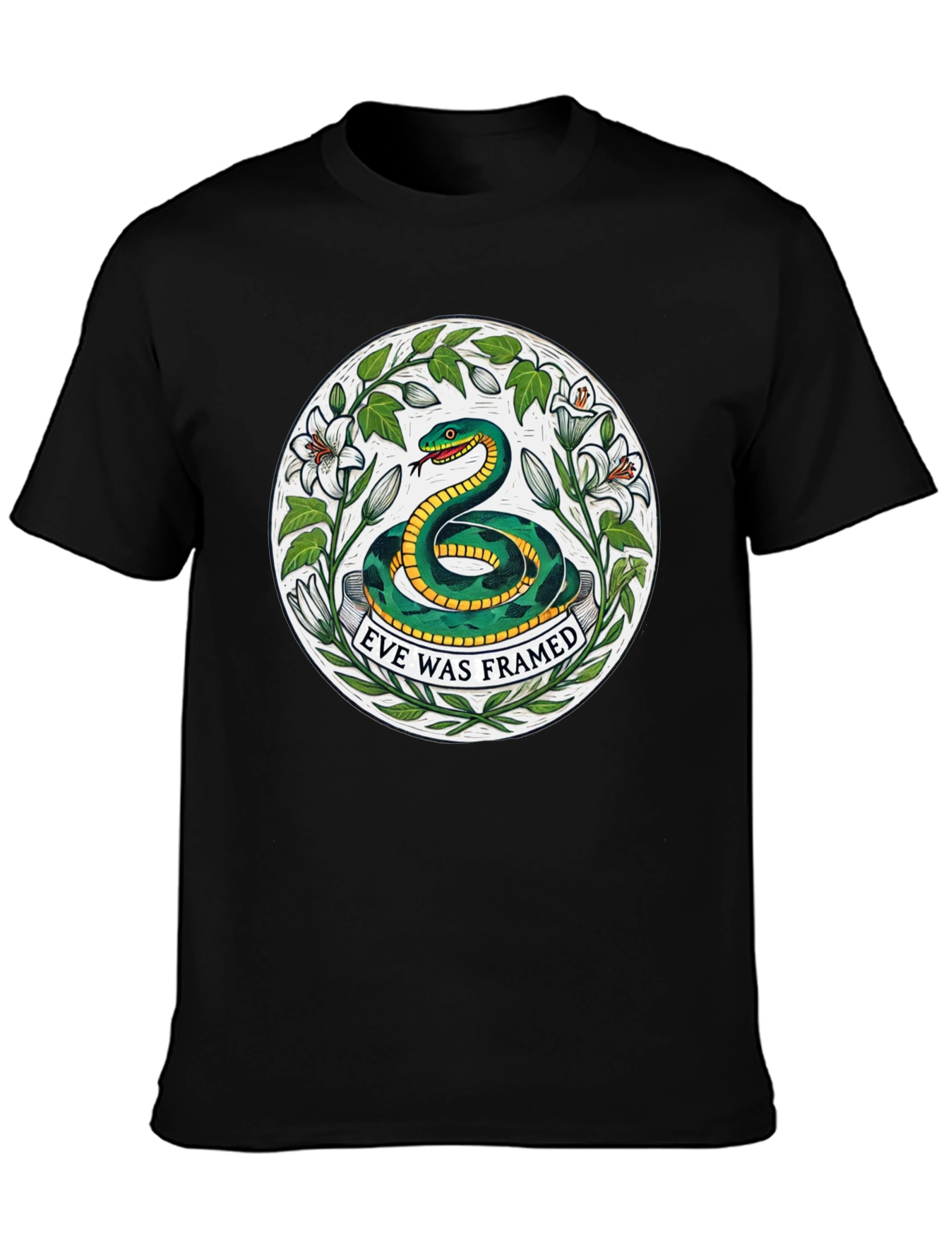 Camiseta Negra con Diseño de Serpiente Eve Was Framed
