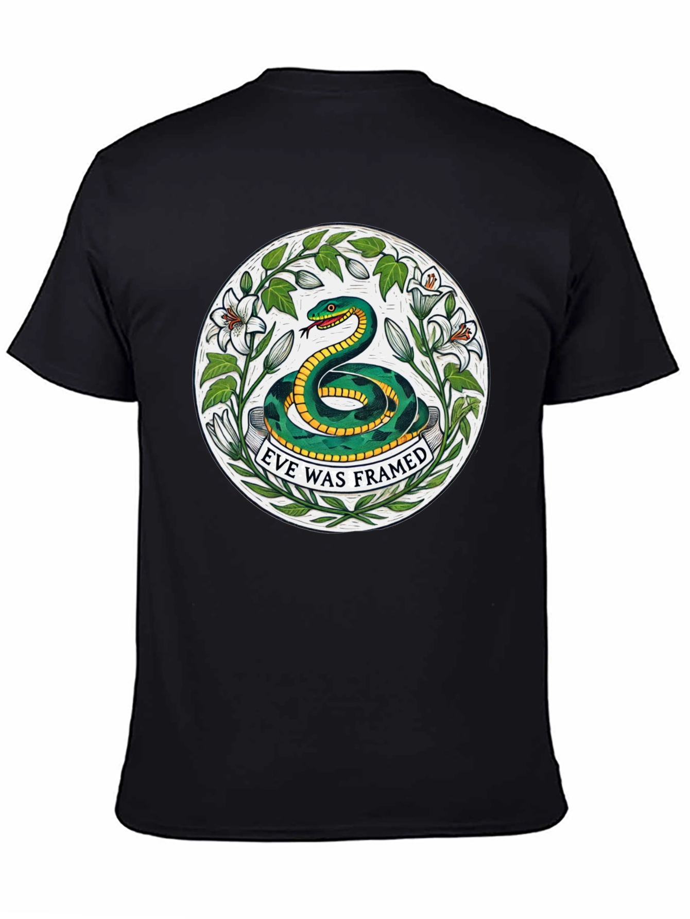 Camiseta Negra con Diseño de Serpiente Eve Was Framed