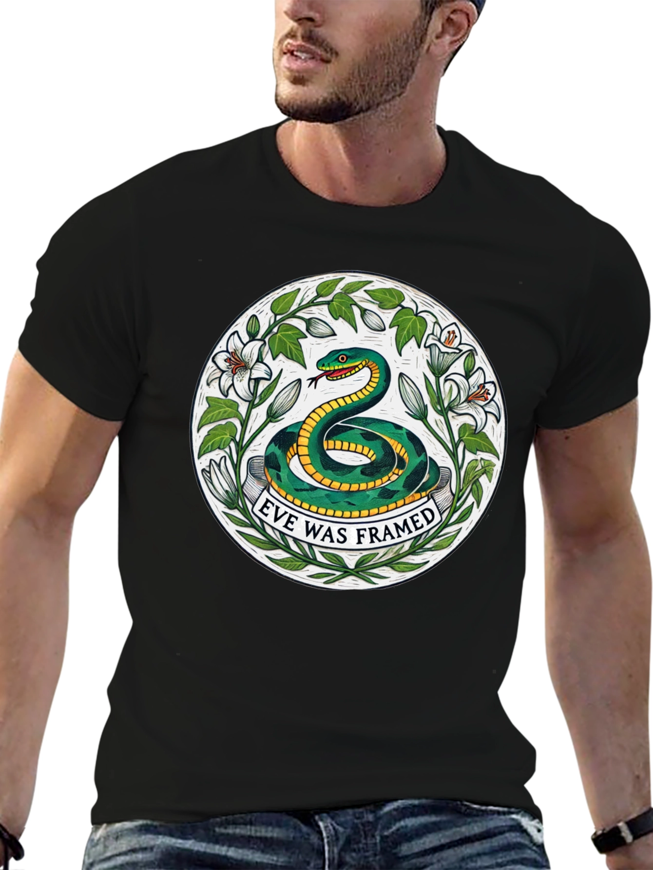 Camiseta Negra con Diseño de Serpiente Eve Was Framed