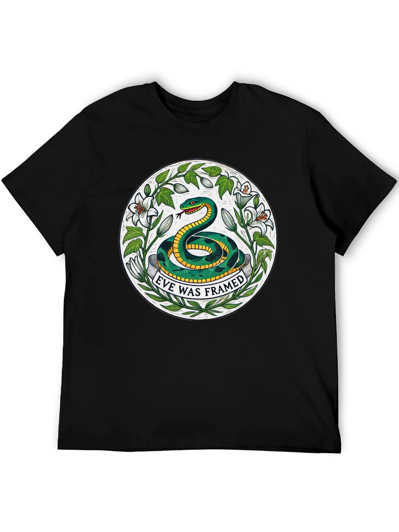 Camiseta Negra con Diseño de Serpiente Eve Was Framed