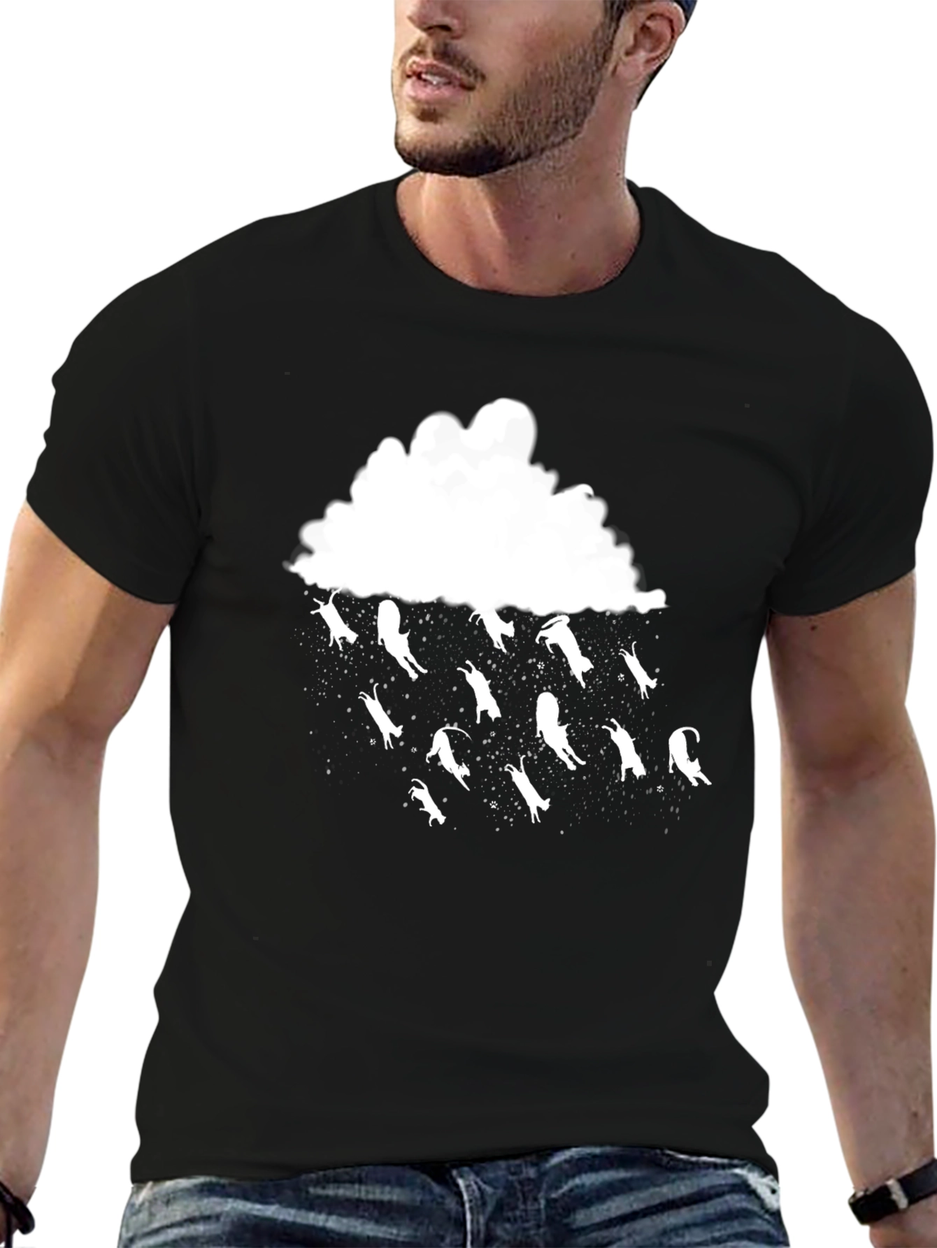 Camiseta Negra Lluvia de Gatos Divertida y Original