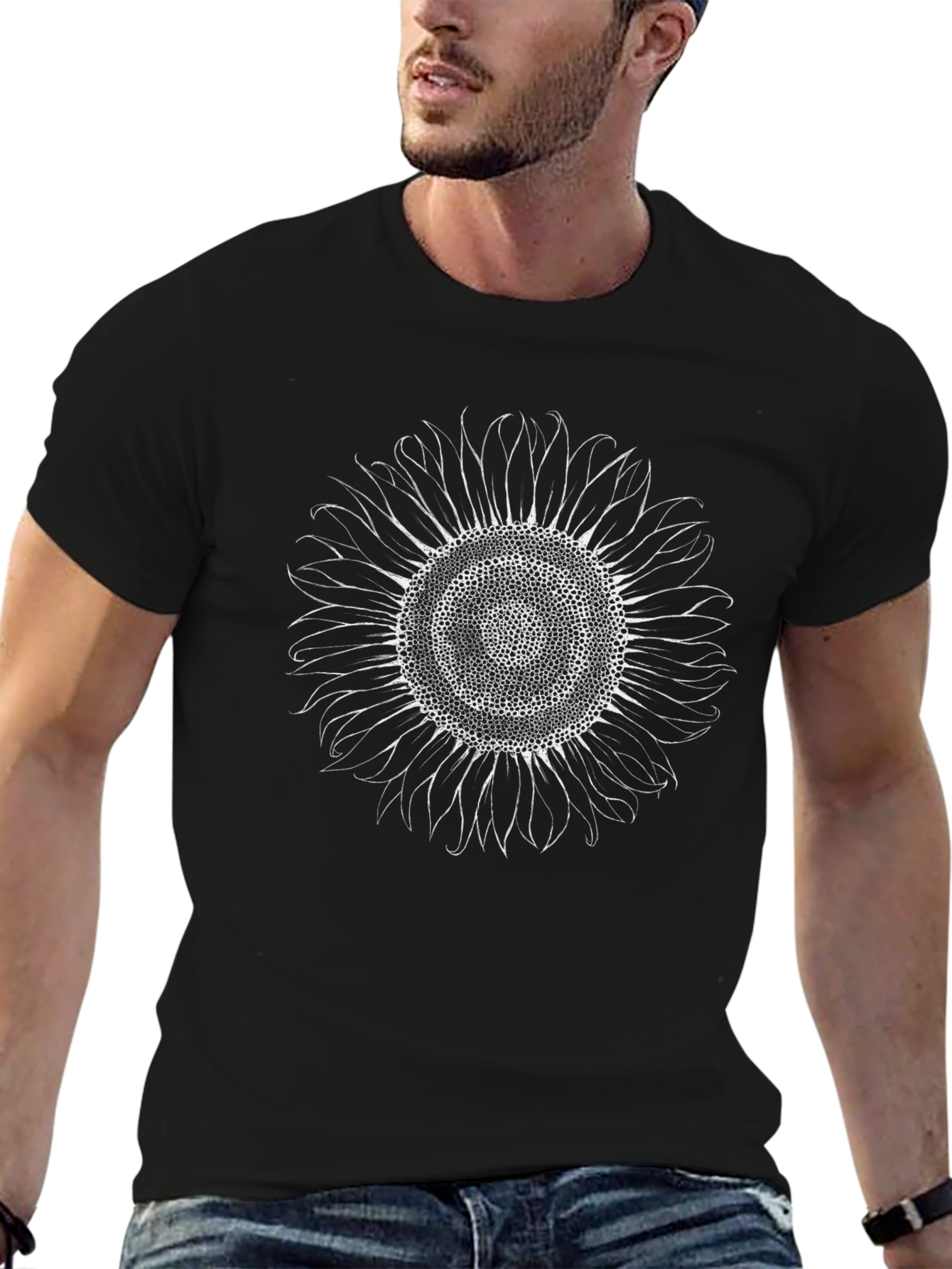 Camiseta Negra con Girasol Artístico
