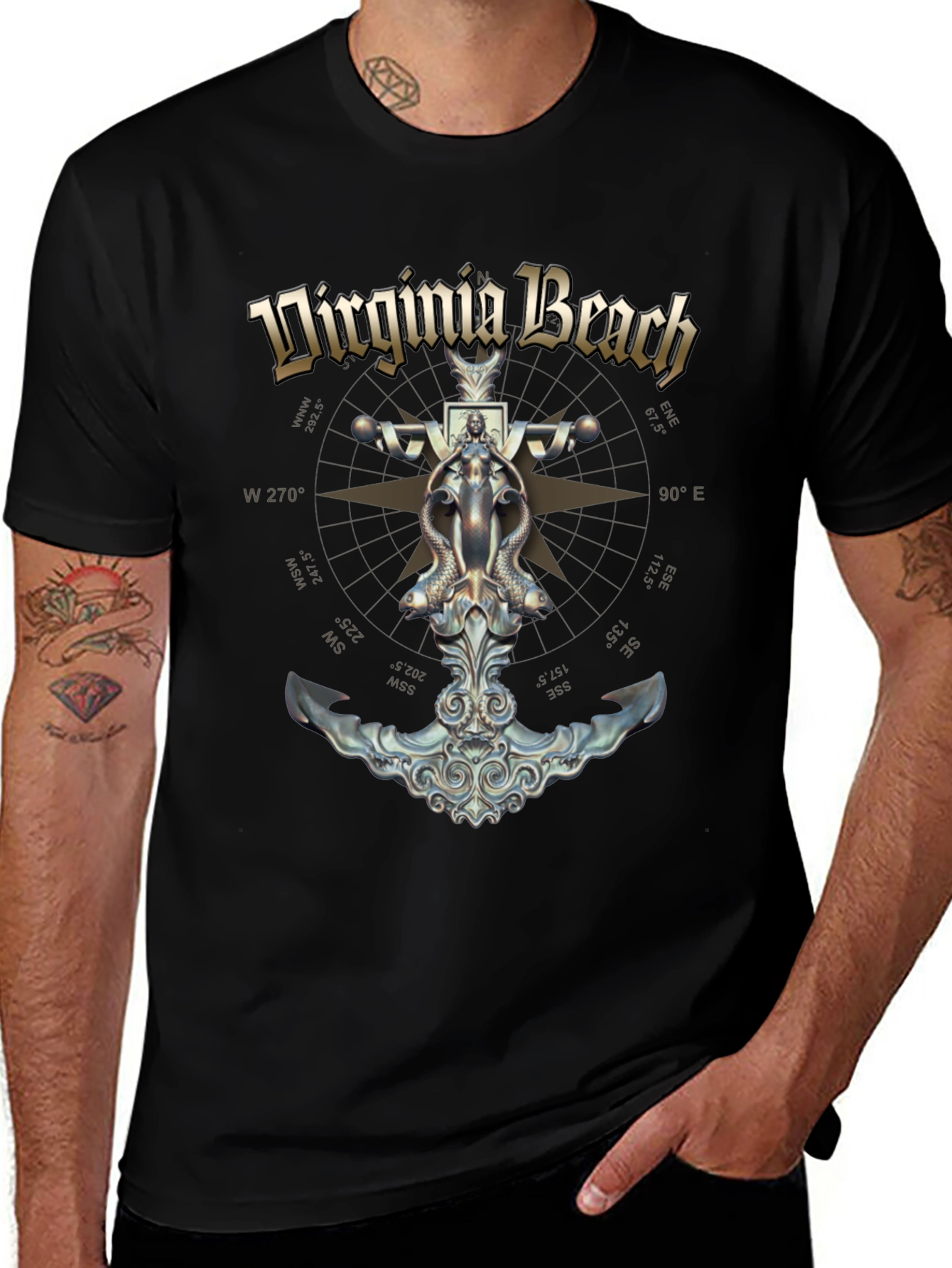 Camiseta Negra Diseño Virginia Beach Ancla Náutica