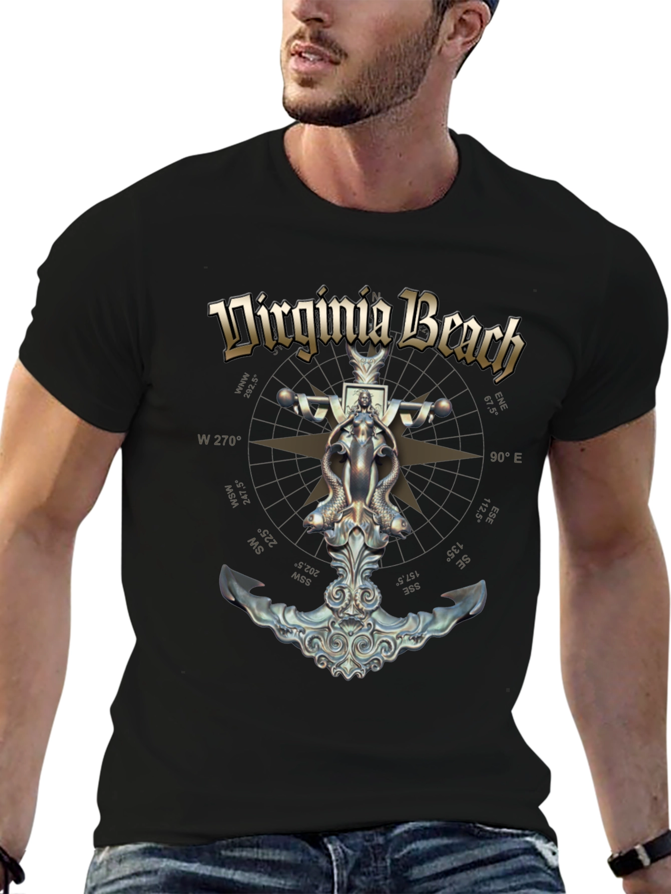 Camiseta Negra Diseño Virginia Beach Ancla Náutica