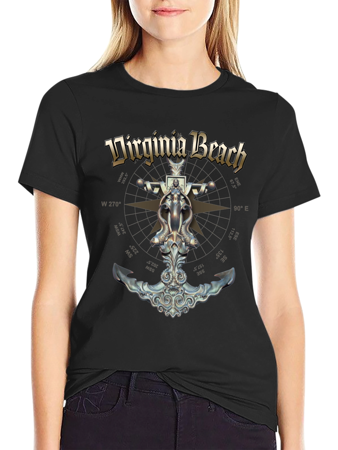 Camiseta Negra Diseño Virginia Beach Ancla Náutica