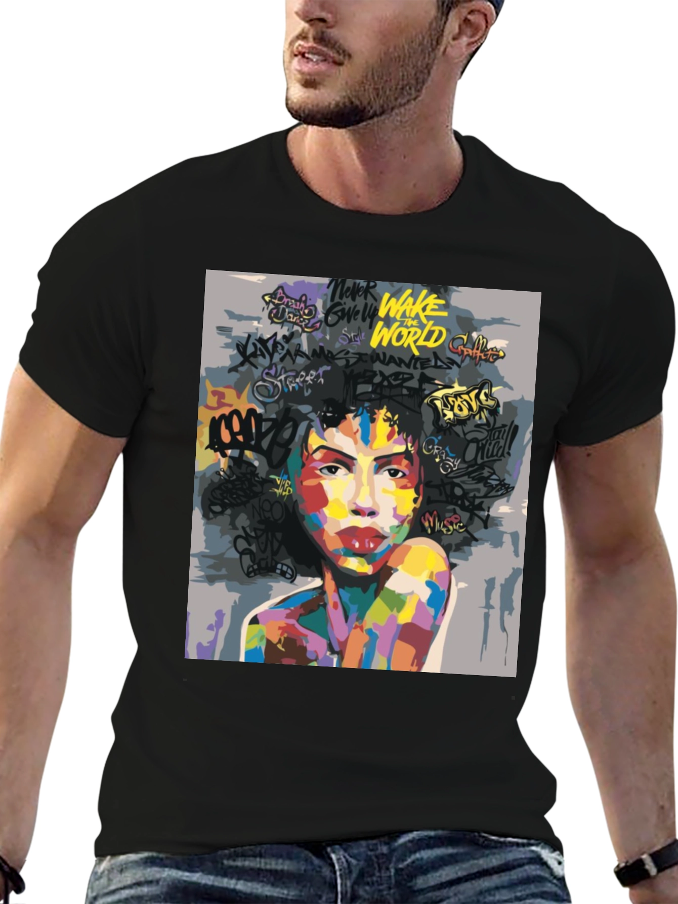 Camiseta Negra con Arte Abstracto y Urbano para Hombre