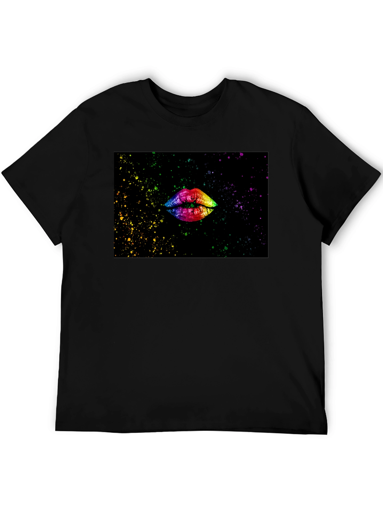 Camiseta Negra Estampado Labios Arcoíris