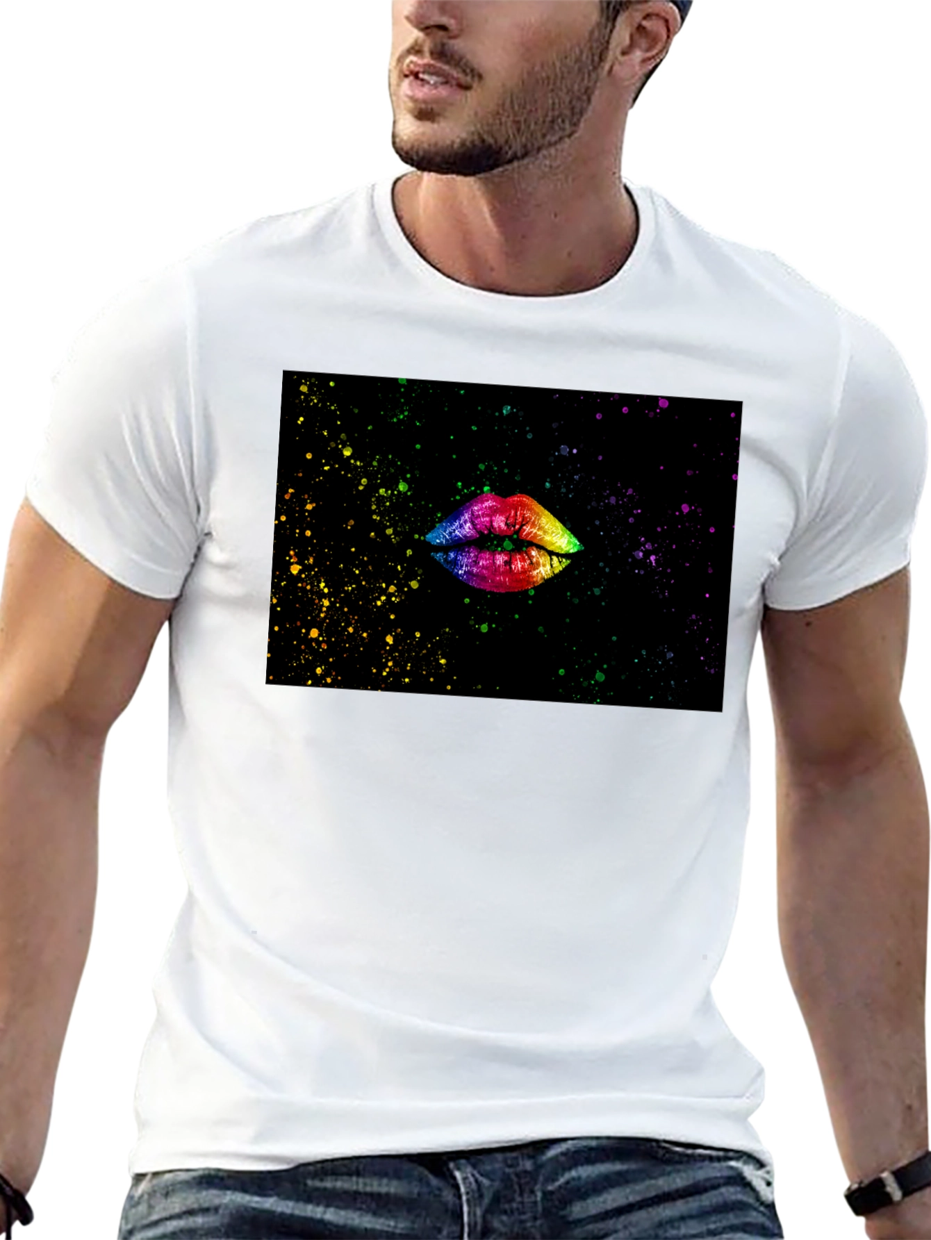 Camiseta Negra Estampado Labios Arcoíris