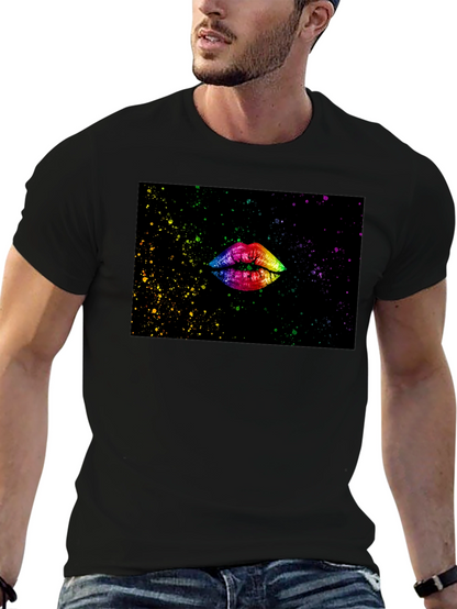 Camiseta Negra Estampado Labios Arcoíris