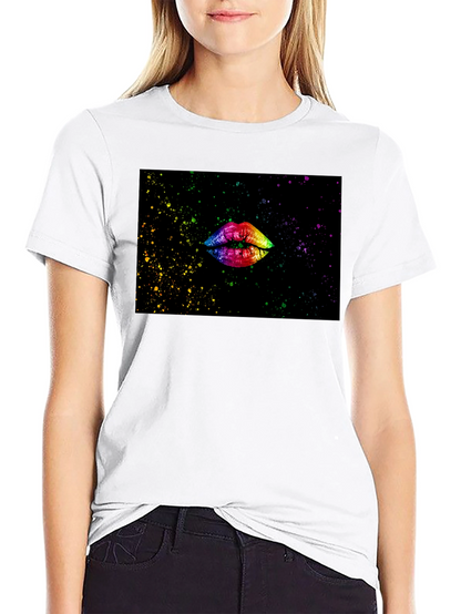 Camiseta Negra Estampado Labios Arcoíris