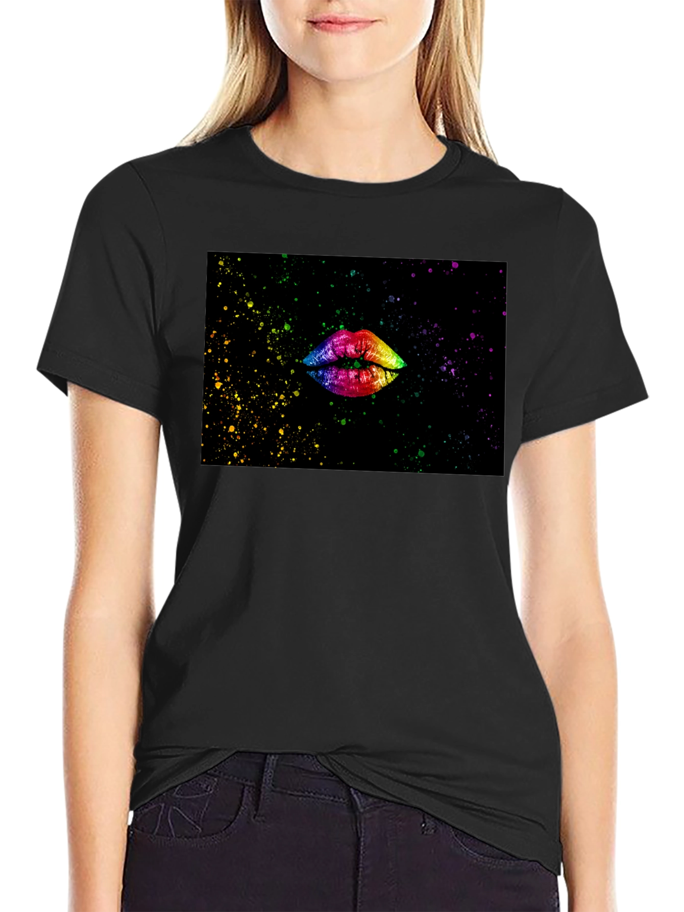 Camiseta Negra Estampado Labios Arcoíris