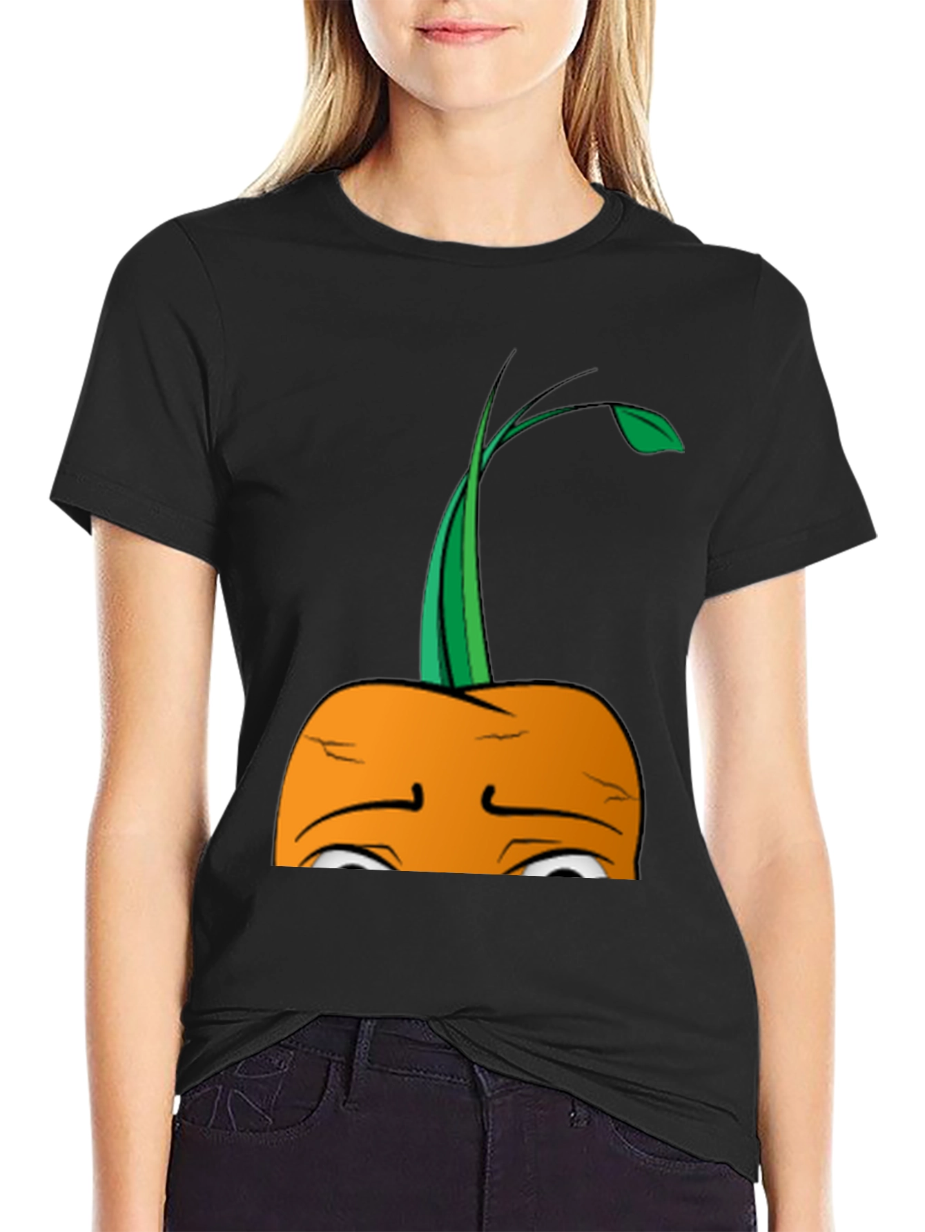 Camiseta Negra con Diseño de Zanahoria Triste