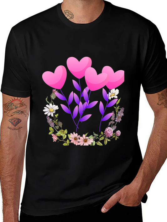 Camiseta Negra con Diseño Floral de Corazones Románticos