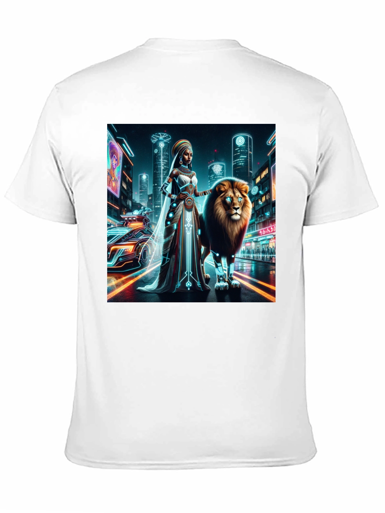 Camiseta gráfica futurista de león y reina