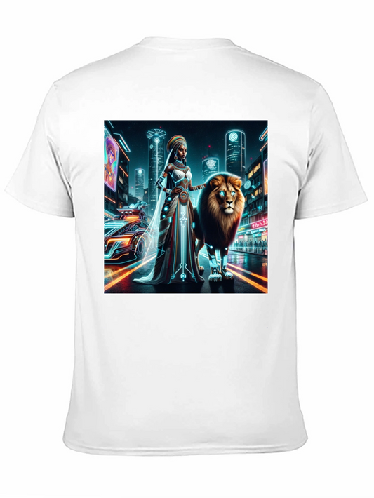Camiseta gráfica futurista de león y reina