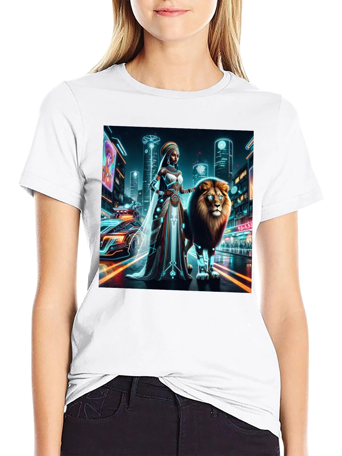 Camiseta gráfica futurista de león y reina