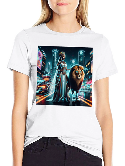 Camiseta gráfica futurista de león y reina