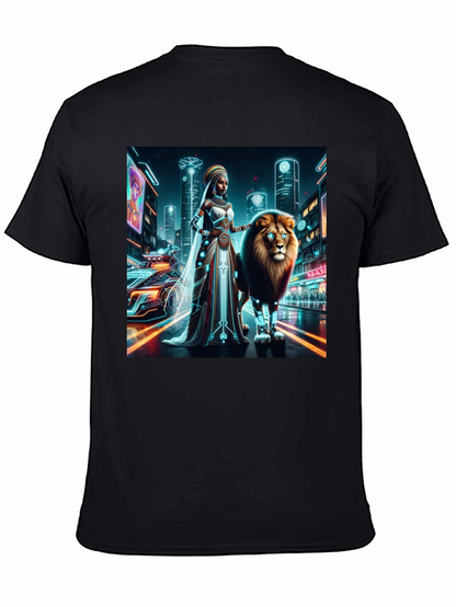Camiseta gráfica futurista de león y reina
