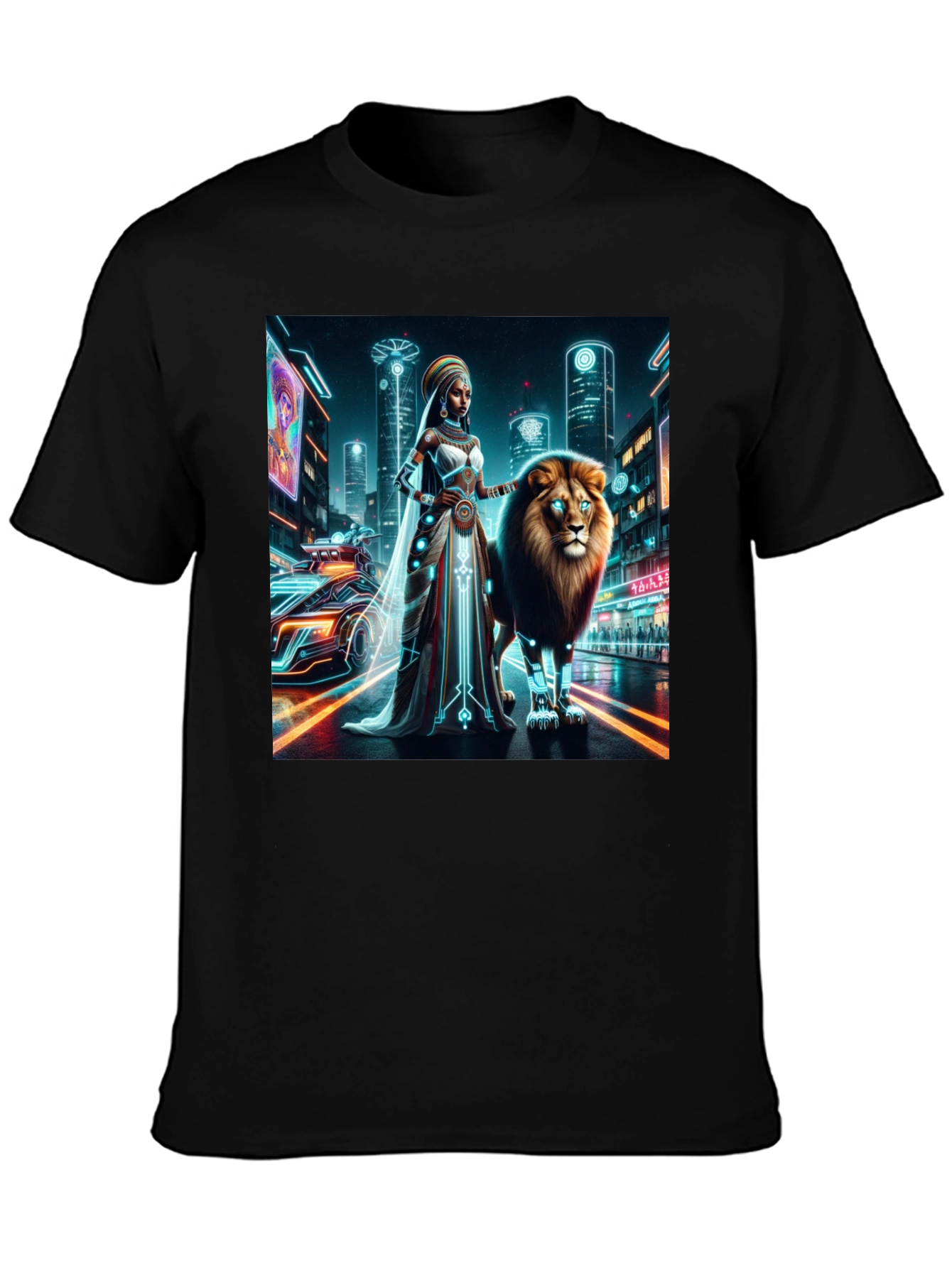 Camiseta gráfica futurista de león y reina