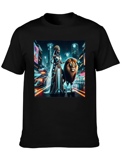 Camiseta gráfica futurista de león y reina