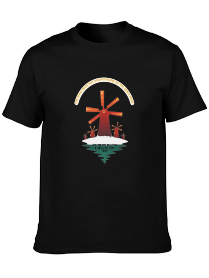 Camiseta Negra con Diseño de Molinos y Reflexión
