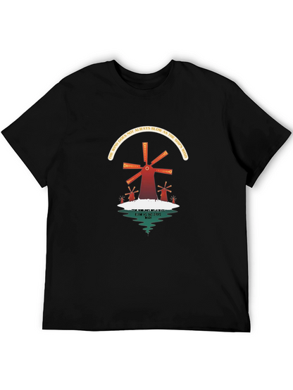 Camiseta Negra con Diseño de Molinos y Reflexión