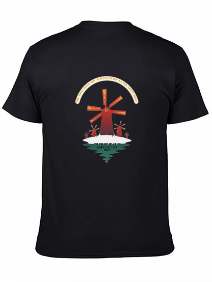 Camiseta Negra con Diseño de Molinos y Reflexión