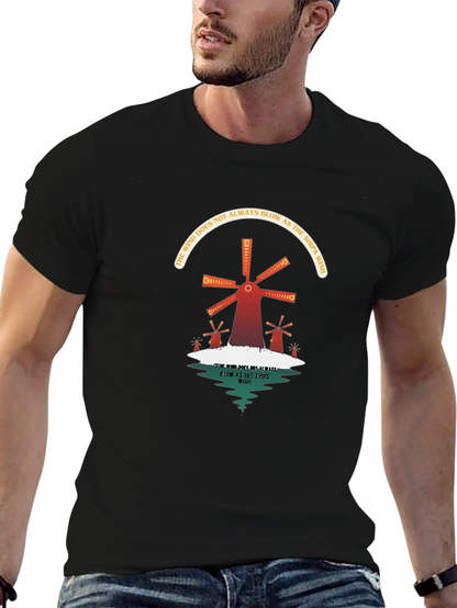 Camiseta Negra con Diseño de Molinos y Reflexión