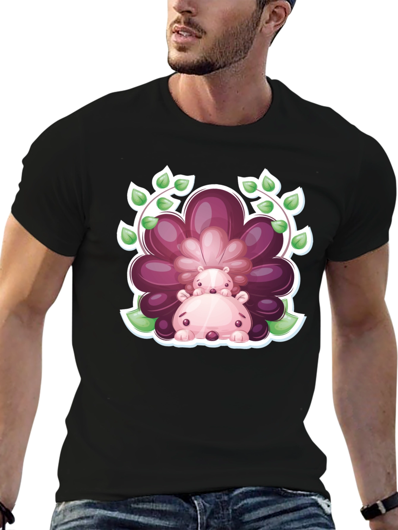 Camiseta Negra con Diseño de Hipopótamos Florales