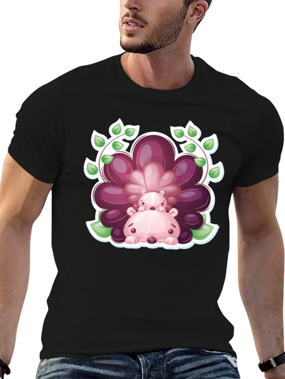 Camiseta Negra con Diseño de Hipopótamos Florales