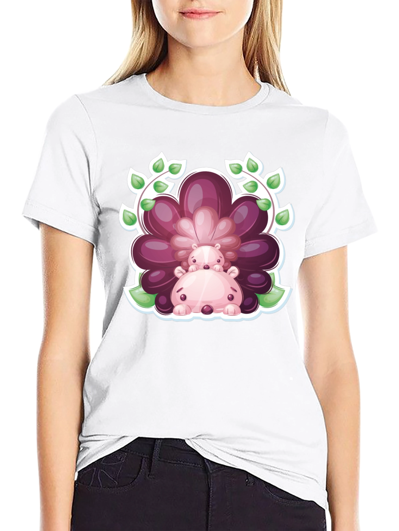 Camiseta Negra con Diseño de Hipopótamos Florales