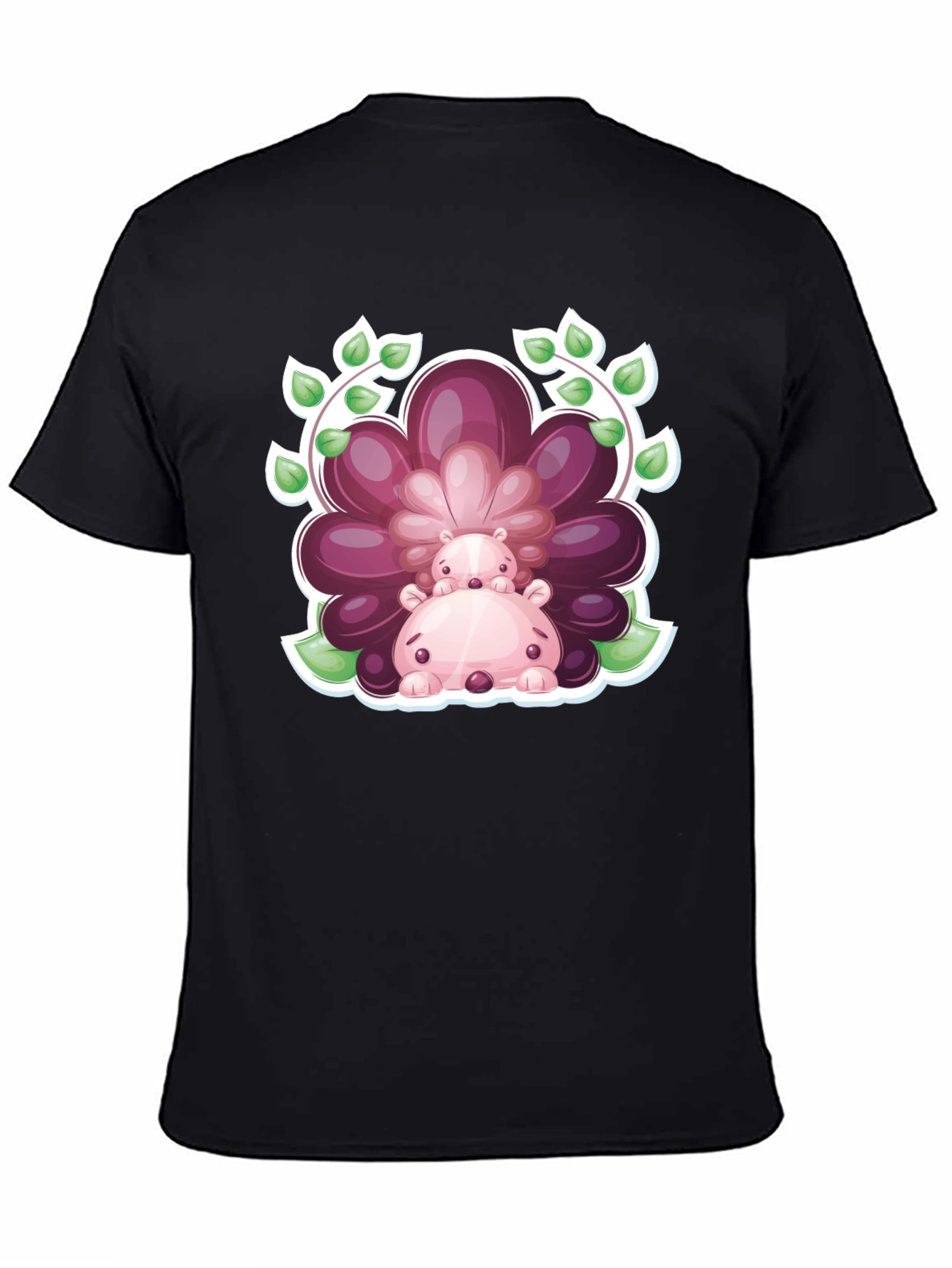 Camiseta Negra con Diseño de Hipopótamos Florales