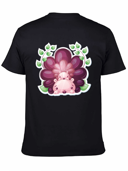 Camiseta Negra con Diseño de Hipopótamos Florales