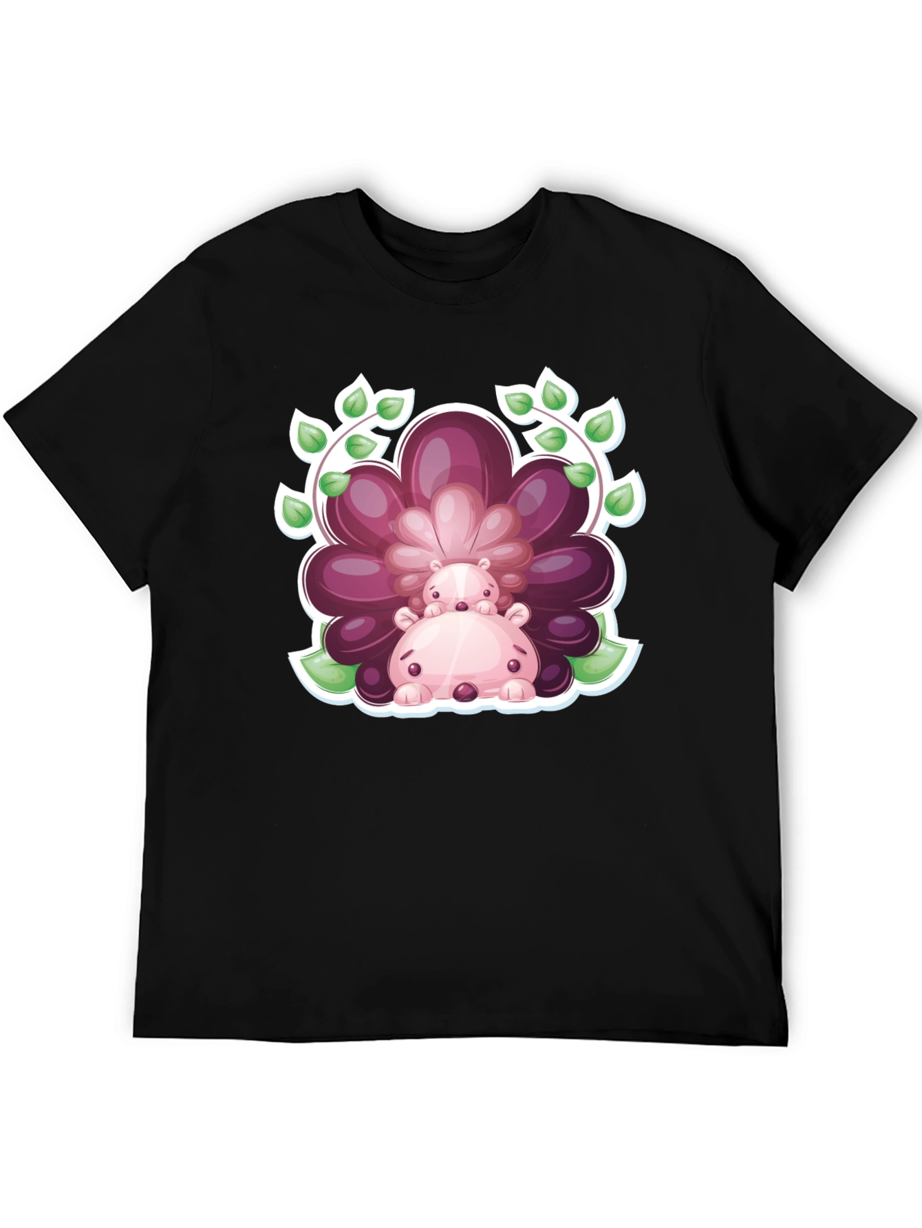 Camiseta Negra con Diseño de Hipopótamos Florales