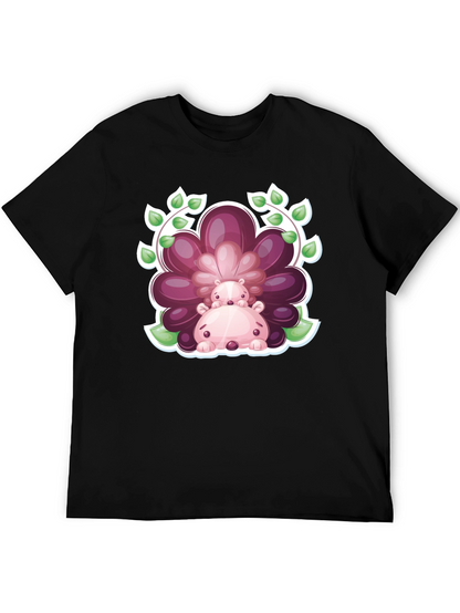Camiseta Negra con Diseño de Hipopótamos Florales