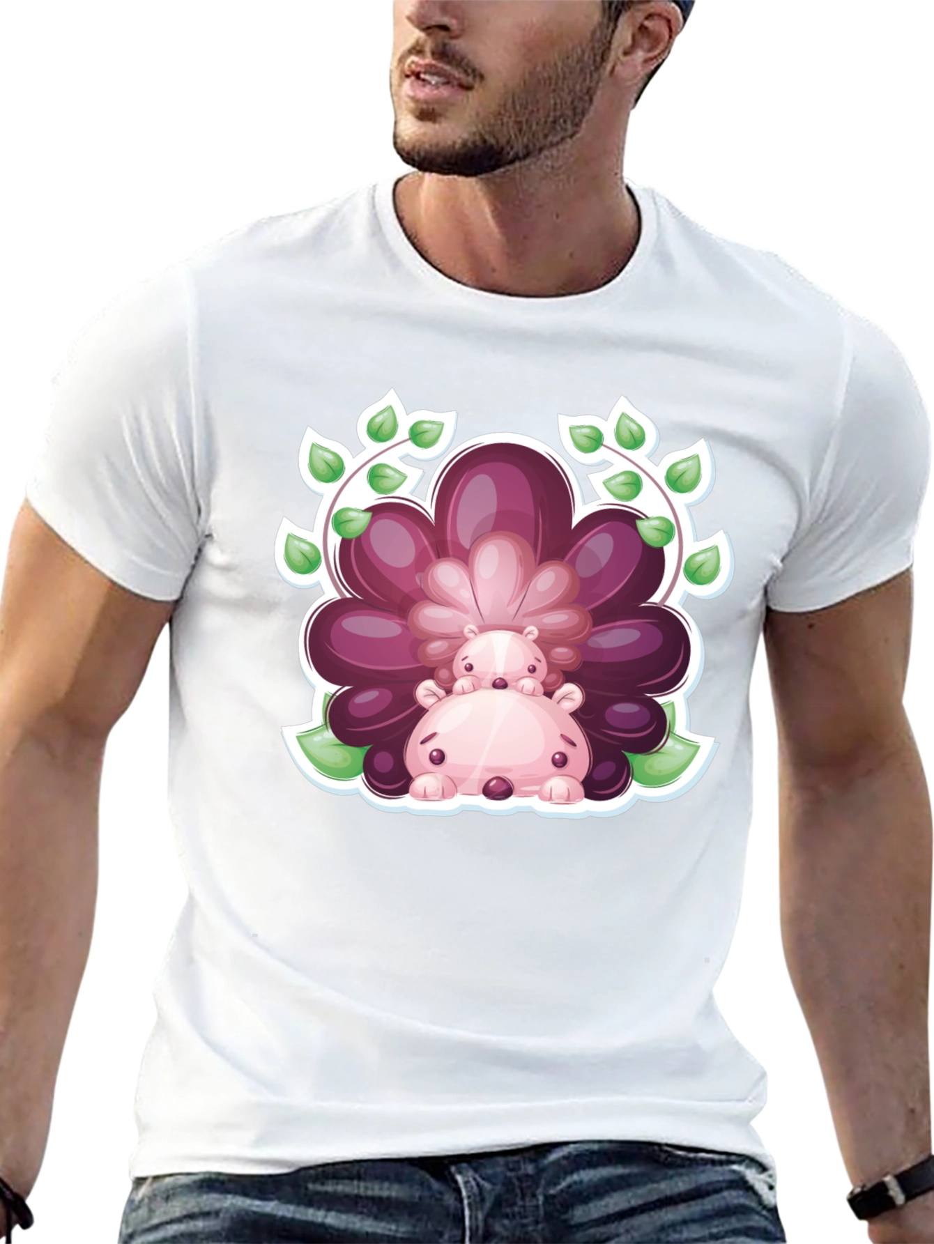 Camiseta Negra con Diseño de Hipopótamos Florales