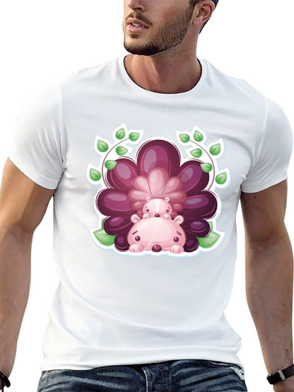 Camiseta Negra con Diseño de Hipopótamos Florales