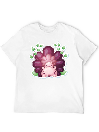 Camiseta Negra con Diseño de Hipopótamos Florales