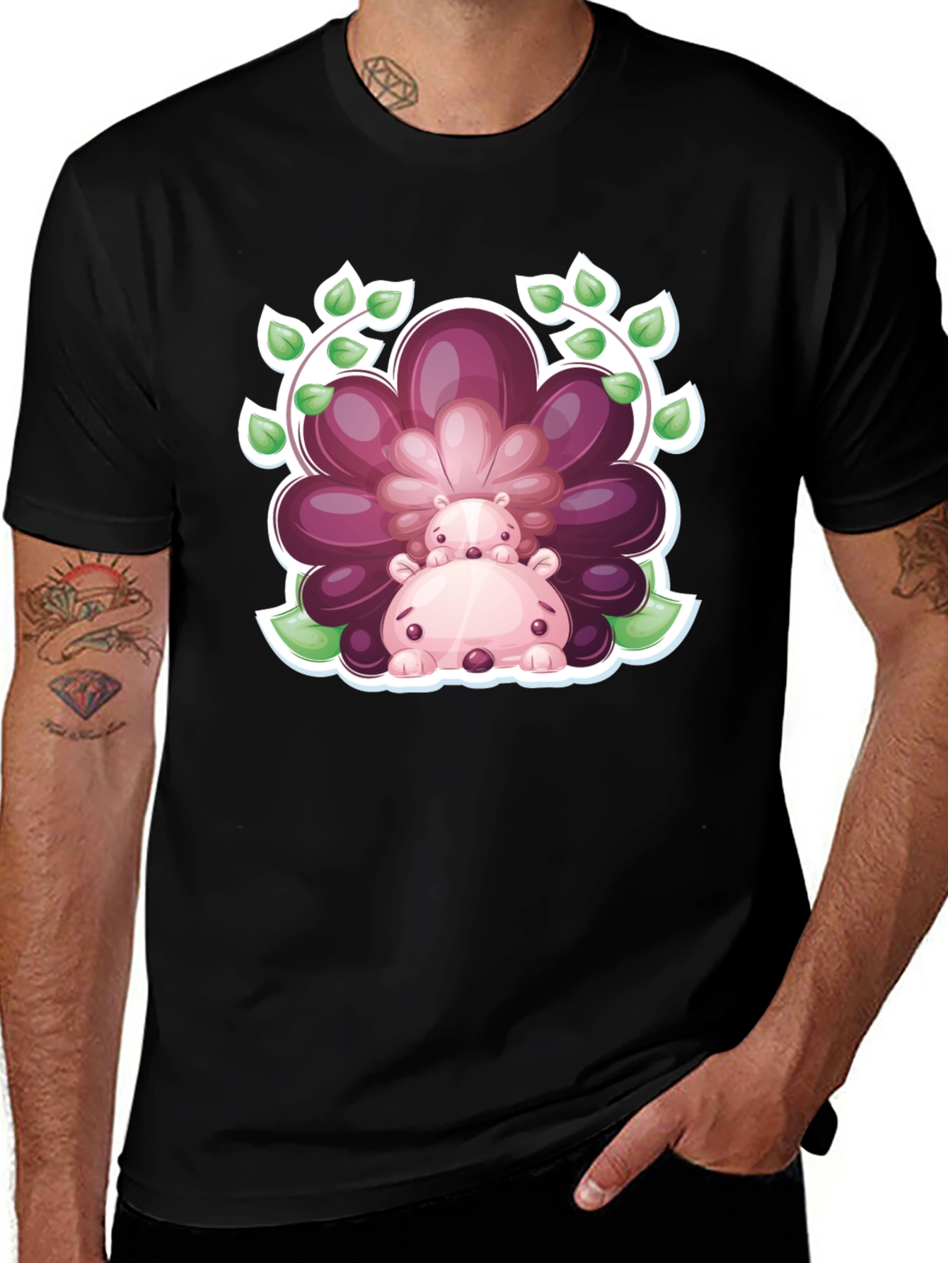 Camiseta Negra con Diseño de Hipopótamos Florales