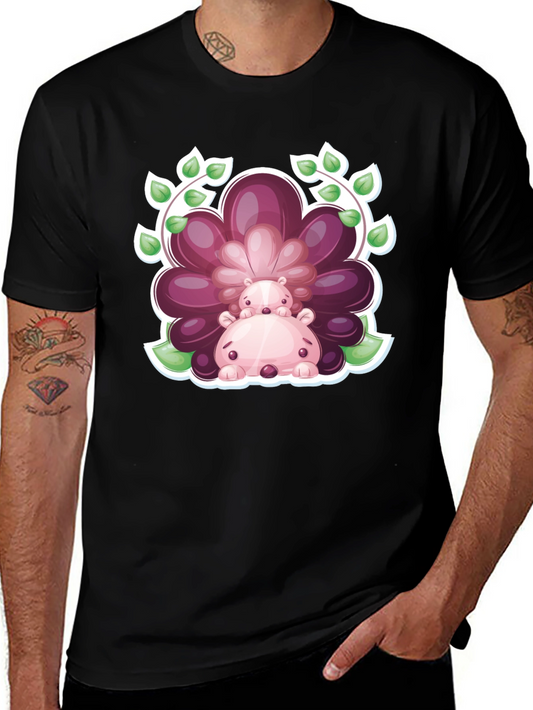 Camiseta Negra con Diseño de Hipopótamos Florales