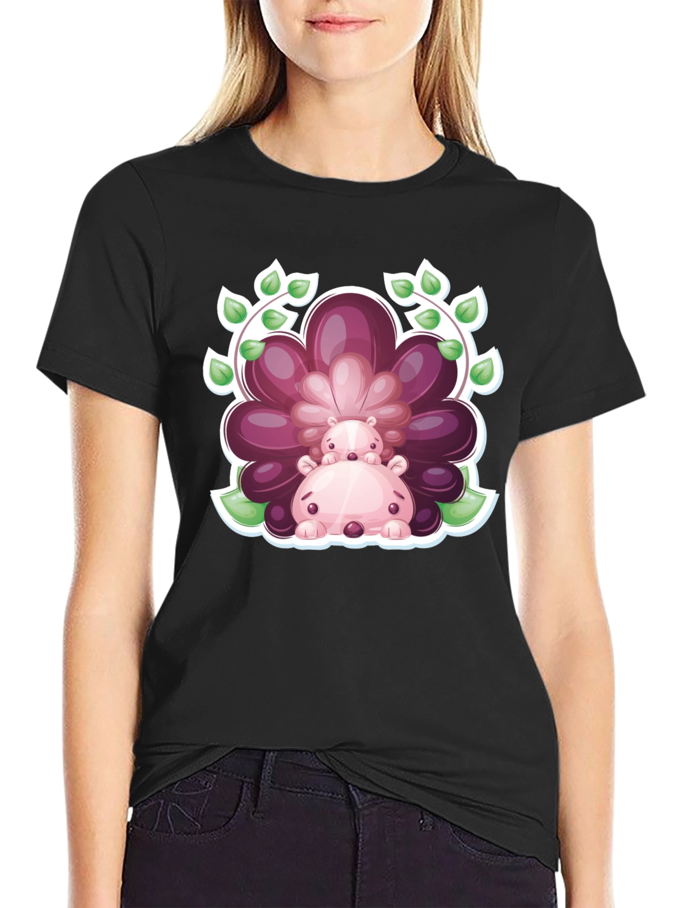 Camiseta Negra con Diseño de Hipopótamos Florales