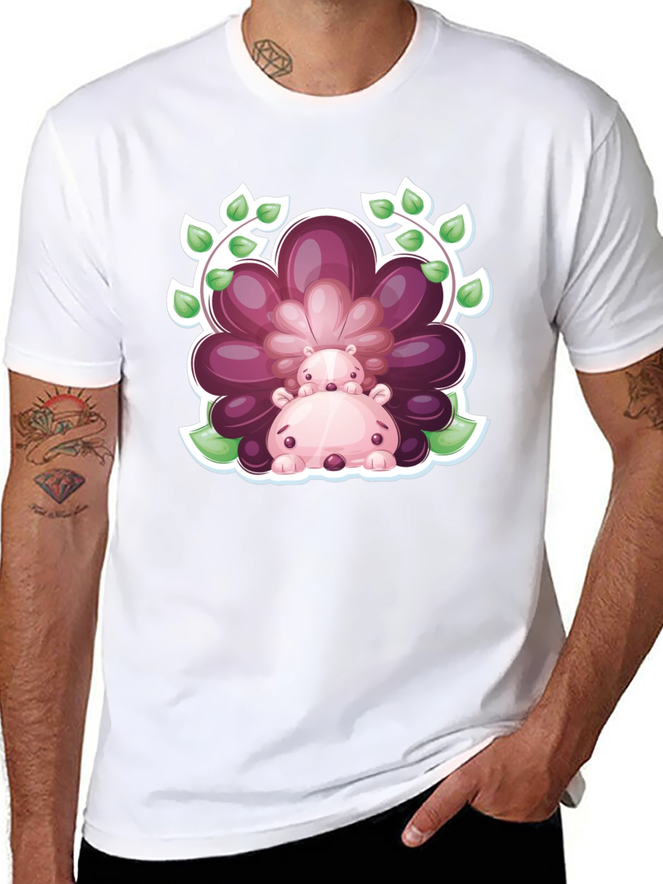 Camiseta Negra con Diseño de Hipopótamos Florales