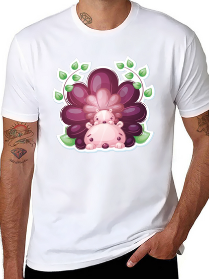 Camiseta Negra con Diseño de Hipopótamos Florales