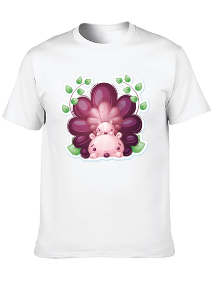 Camiseta Negra con Diseño de Hipopótamos Florales
