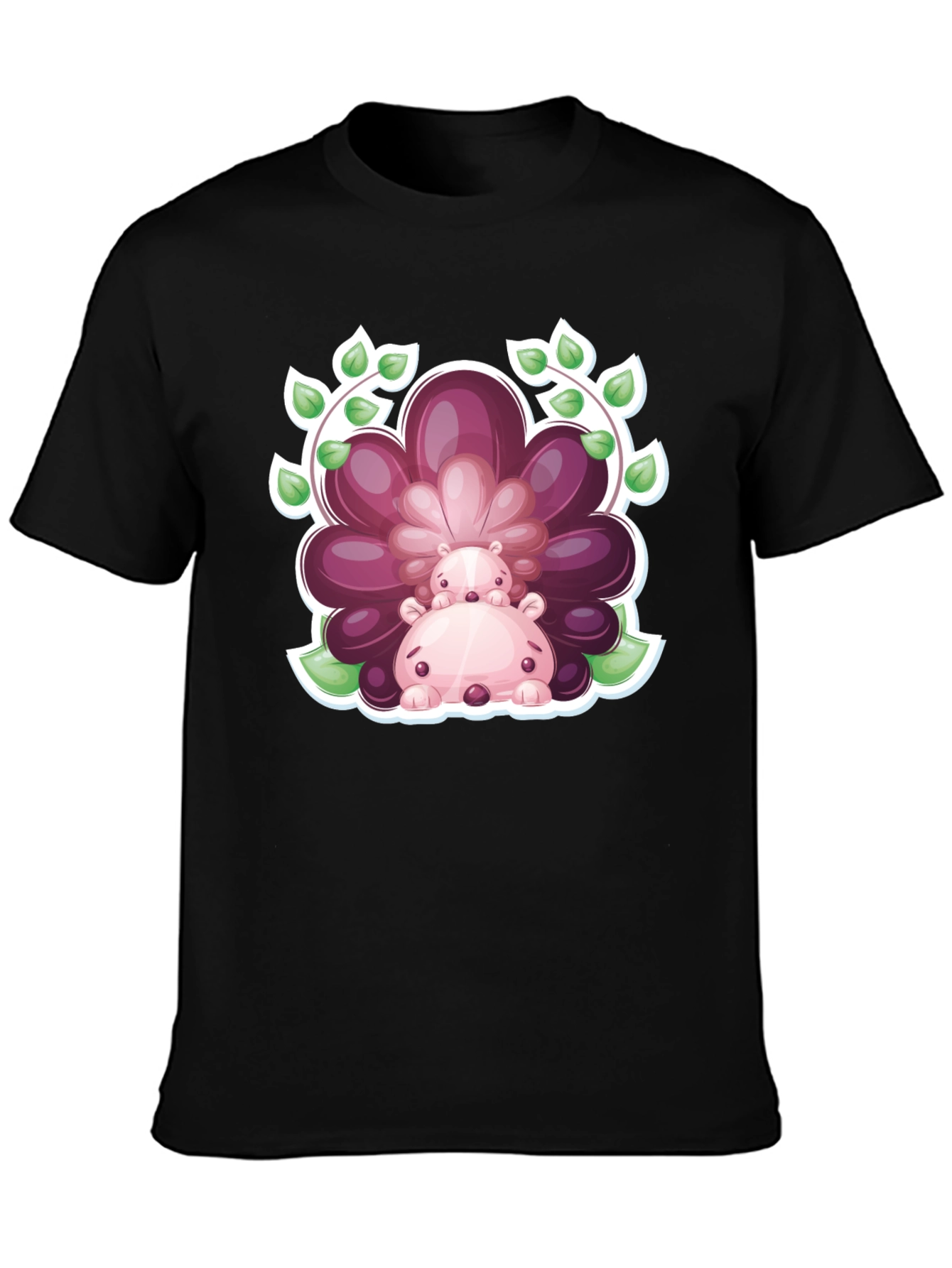 Camiseta Negra con Diseño de Hipopótamos Florales