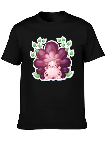 Camiseta Negra con Diseño de Hipopótamos Florales