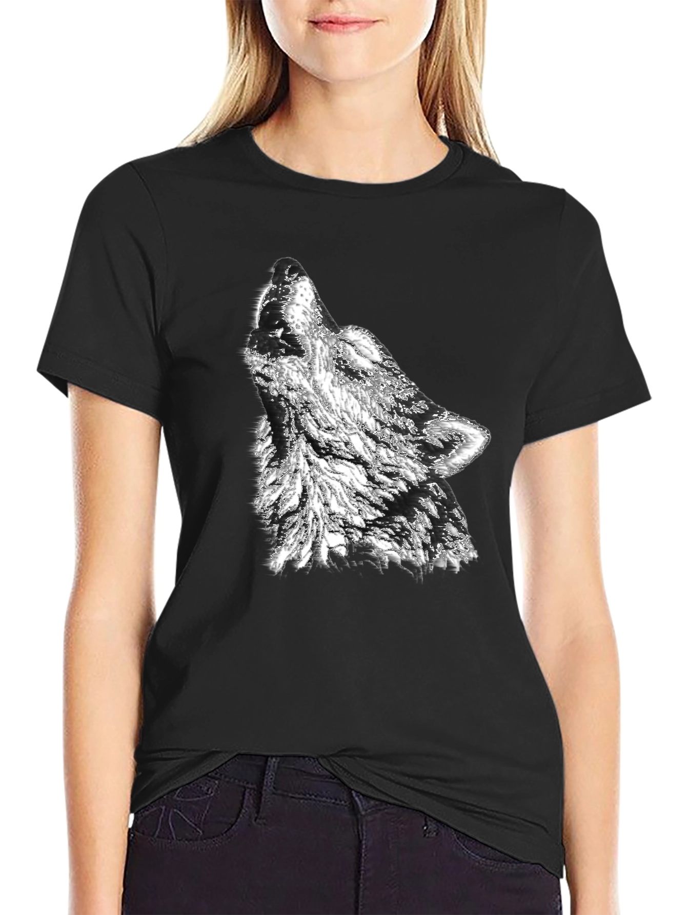 Camiseta Negra Hombre Diseño Lobo Aullando