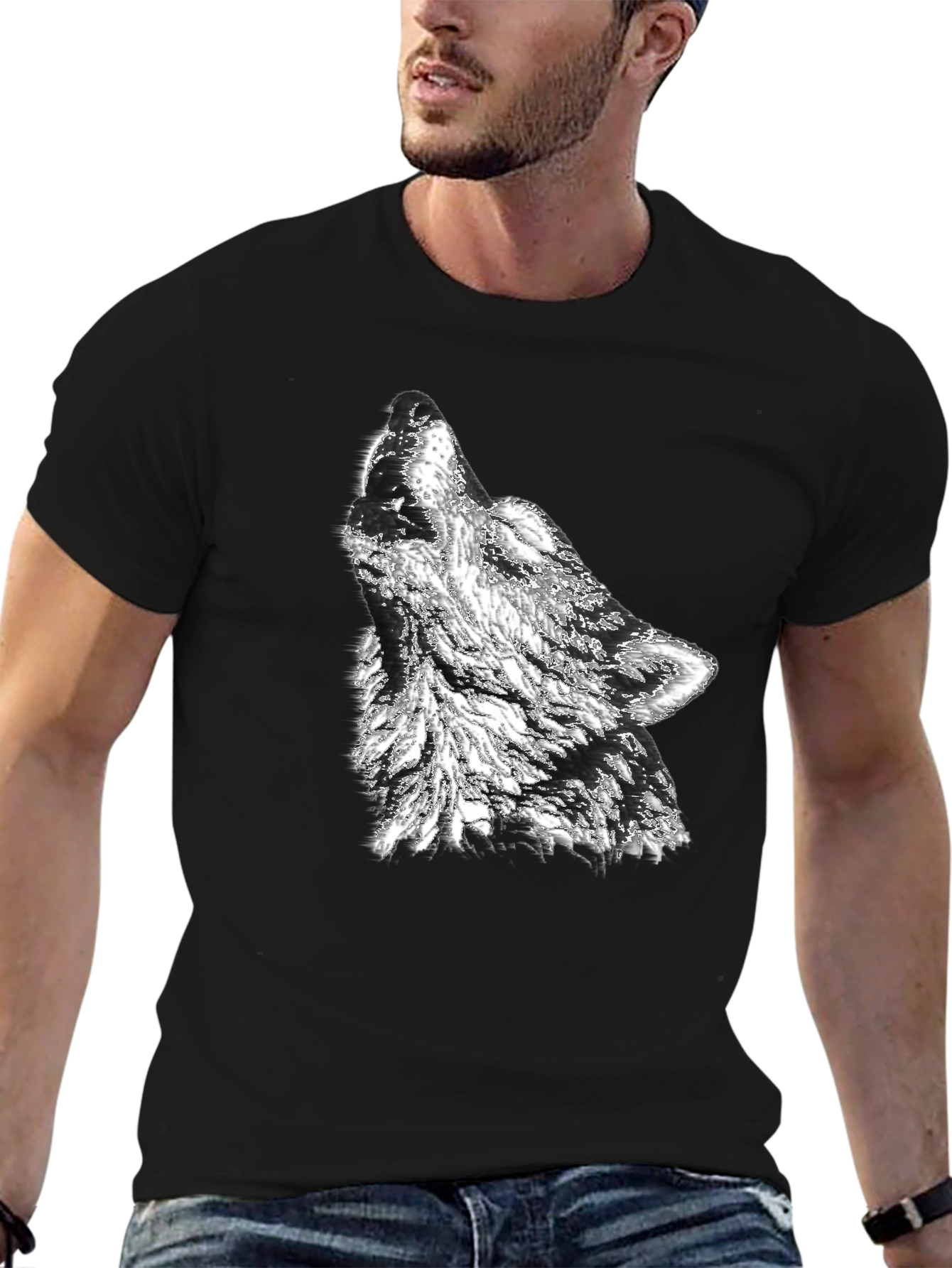 Camiseta Negra Hombre Diseño Lobo Aullando
